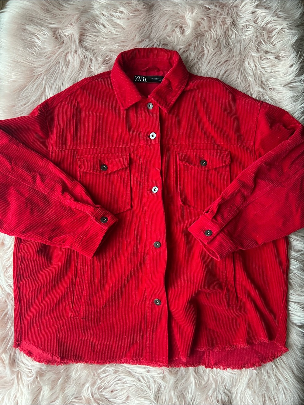 ZARA Bright Red Corduroy Button-Front Jacket 100% Cotton Large